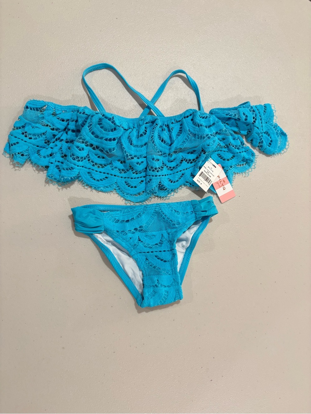 Pilyq Bright Turquoise Lace Ruffle Two-Piece Swim Set for Kids